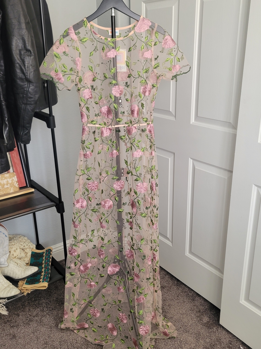 LuLaRoe Sheer Floral Embroidered Top in Pink and Green